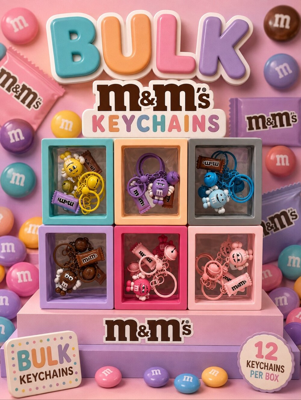 BULK M&M'S Pastel Assorted Character Keychains In Floating Box
